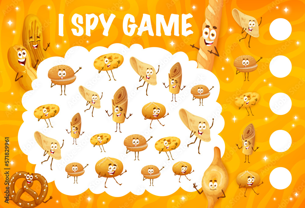 Poster i spy game with cartoon bakery bread characters