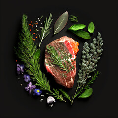 Raw beef steak with spices on a black background, top view. Generative AI.