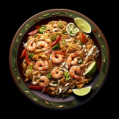Thai food Pad thai, fried noodles with shrimp. Generative AI.