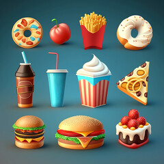 Fast food cartoon icon set. Generative AI.