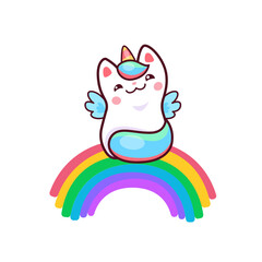 Cartoon cute kawaii caticorn character on rainbow