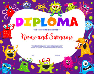 Kids diploma cartoon cute monster characters