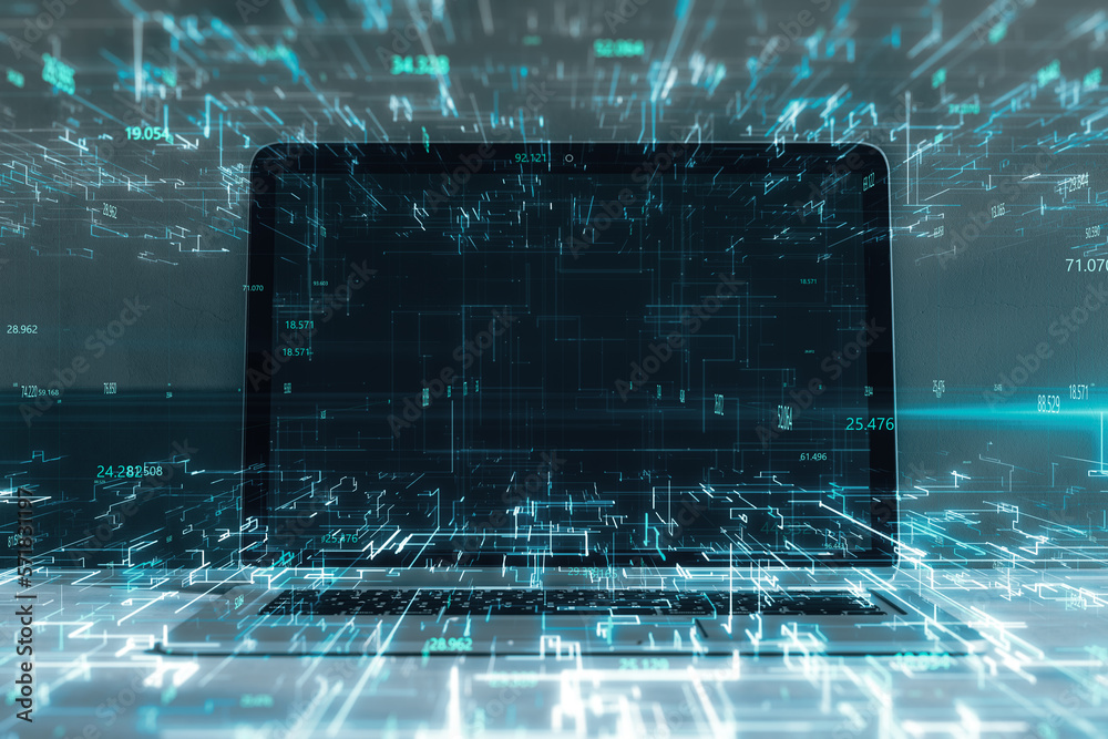 Poster close up of laptop on desktop with creative glowing metaverse and coding. technology, future and dig