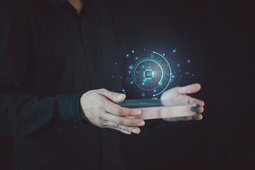 Technology and people concept man use AI to help work, AI Learning and Artificial Intelligence Concept. Business, modern technology, internet and networking concept. AI technology in everyday life.
