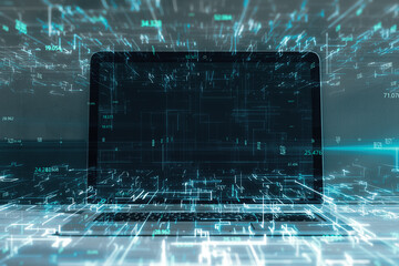 Close up of laptop on desktop with creative glowing metaverse and coding. Technology, future and digital world concept. Double exposure.