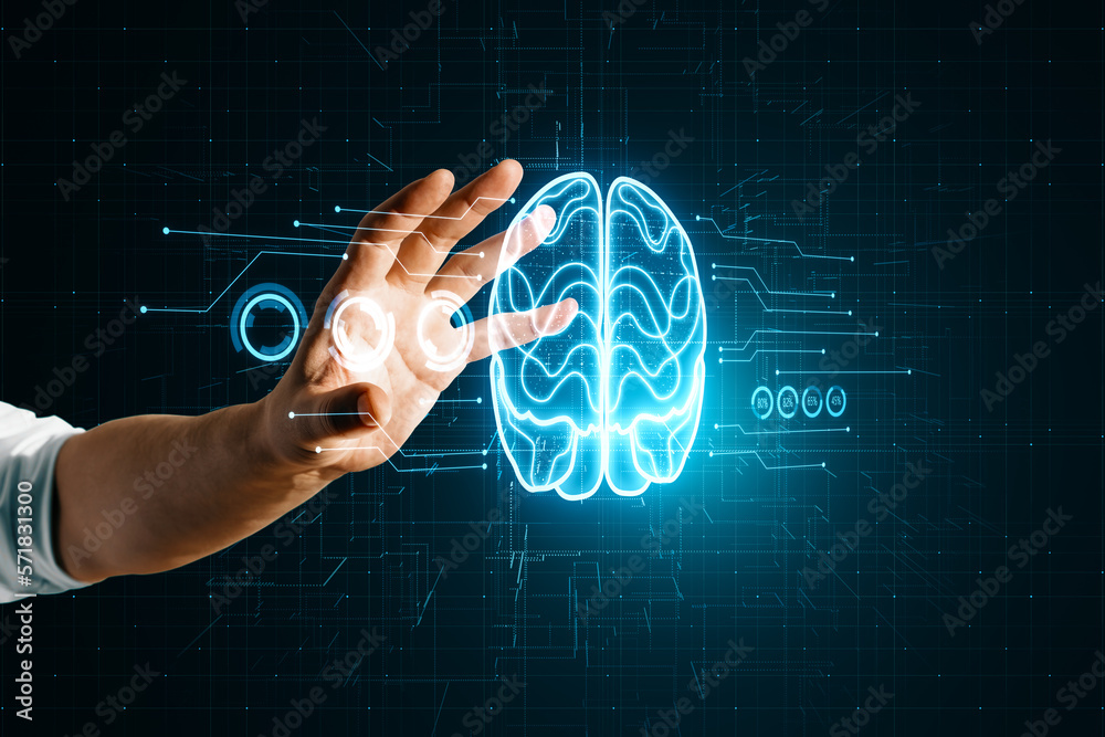 Poster close up of male hand holding glowing brain hologram on blurry dark circuit background. artificial i