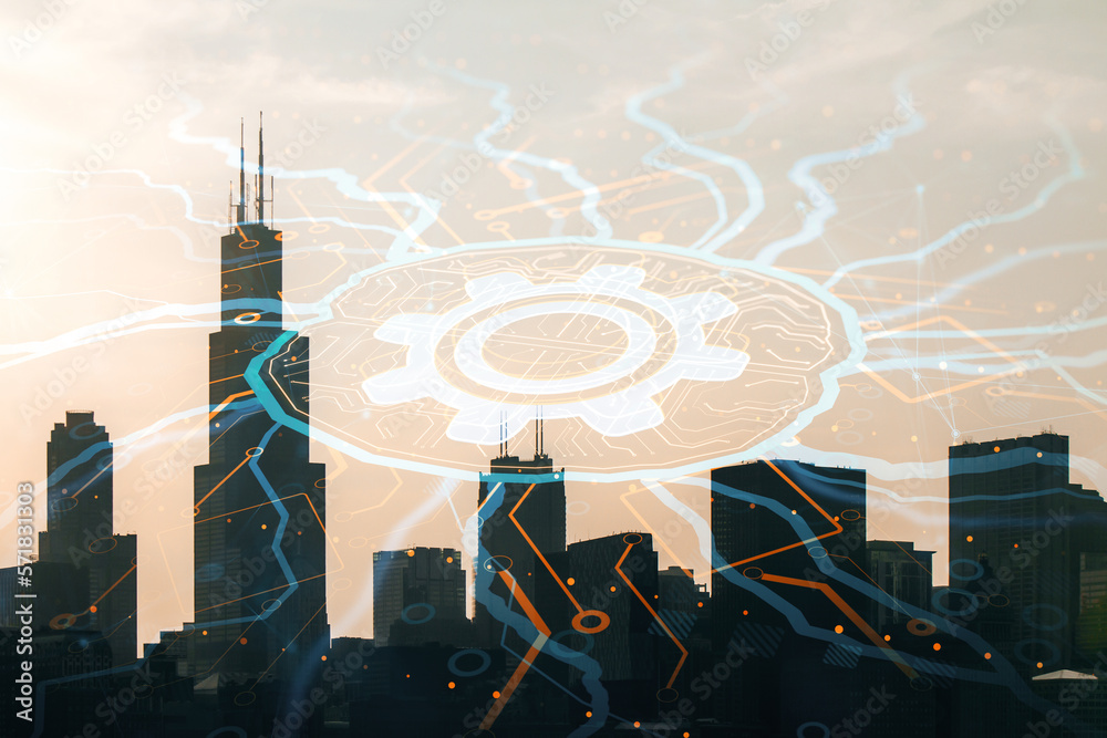 Poster creative circuit brain hologram on blurry city texture. ai, artificial intelligence, machine learnin