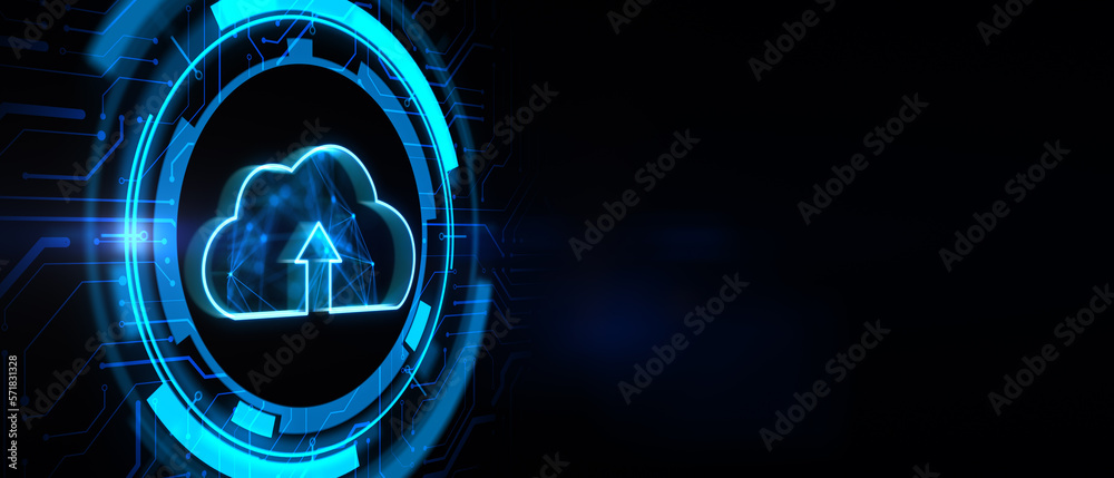 Poster Cloud computing and modern business technology concept with digital cloud with arrow symbol in microcircuit circle on abstract dark background with place for advertising poster. 3D rendering, mockup