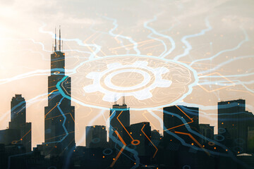 Creative circuit brain hologram on blurry city texture. AI, artificial intelligence, machine...