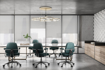 Sunlit spacious meeting room with green chairs around light glossy conference table on concrete floor near wooden bureau and city view background from panoramic window with blinds. 3D rendering