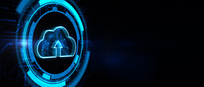 Cloud computing and modern business technology concept with digital cloud with arrow symbol in microcircuit circle on abstract dark background with place for advertising poster. 3D rendering, mockup
