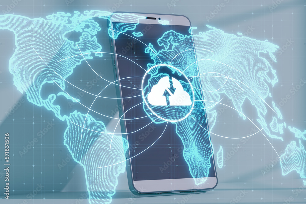 Aufkleber Close up of mobile phone on desk with glowing cloud computing map hologram on blurry background. Digital database and server concept.