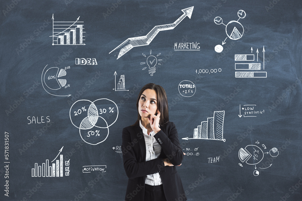Poster business solution, decision, analysis and creative idea concept with confused businesswoman on black