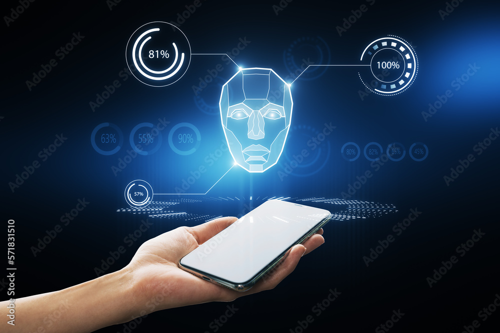 Poster AI system in hologram human head with HUD display elements. Artificial Intelligence for VR with tech shapes HUD, GUI, UI. Biometric technology, face recognition systems. Hand holding cellphone.