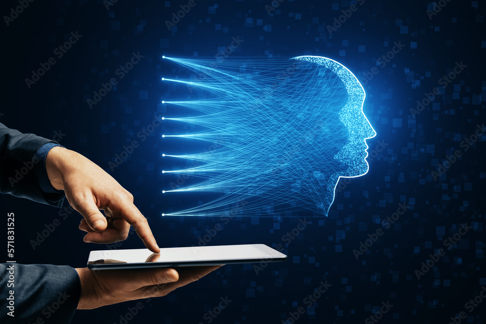Poster Close up of businessman hand holding and pointing at mobile phone with abstract digital head hologram with line connections on blurry dark background. Cyborg and virtual intelligence concept.