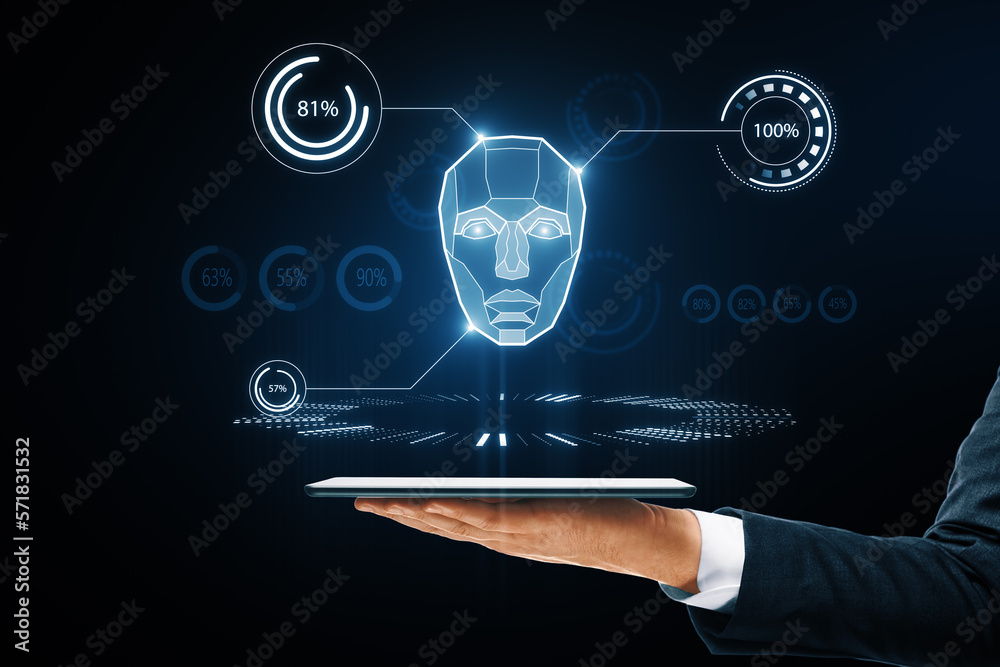 Poster AI system in hologram human head with HUD display elements. Artificial Intelligence for VR with tech shapes HUD. Biometric technology, face recognition systems. Male hand holding smartphone.