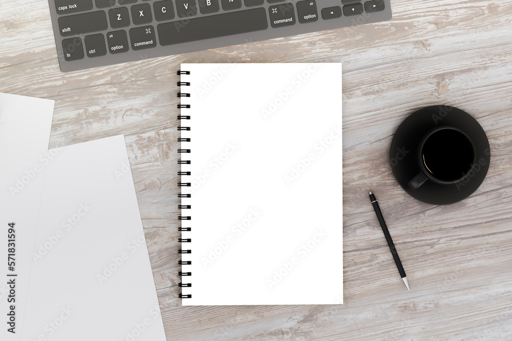 Poster Top view of wooden desktop with empty white copybook, pen and coffee cup. Workspace concept. 3D Rendering.
