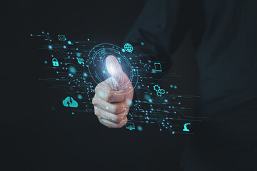 Digital Fingerprint Verification. Unrecognizable Businessman Touching Digital Tablet Scanning...