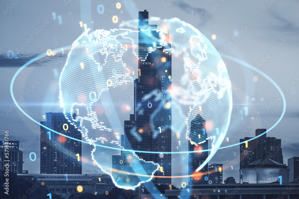 Poster Abstract globe sphere with coding and polygonal network on blurry city backdrop. Future, technology and digital world concept. Double exposure.