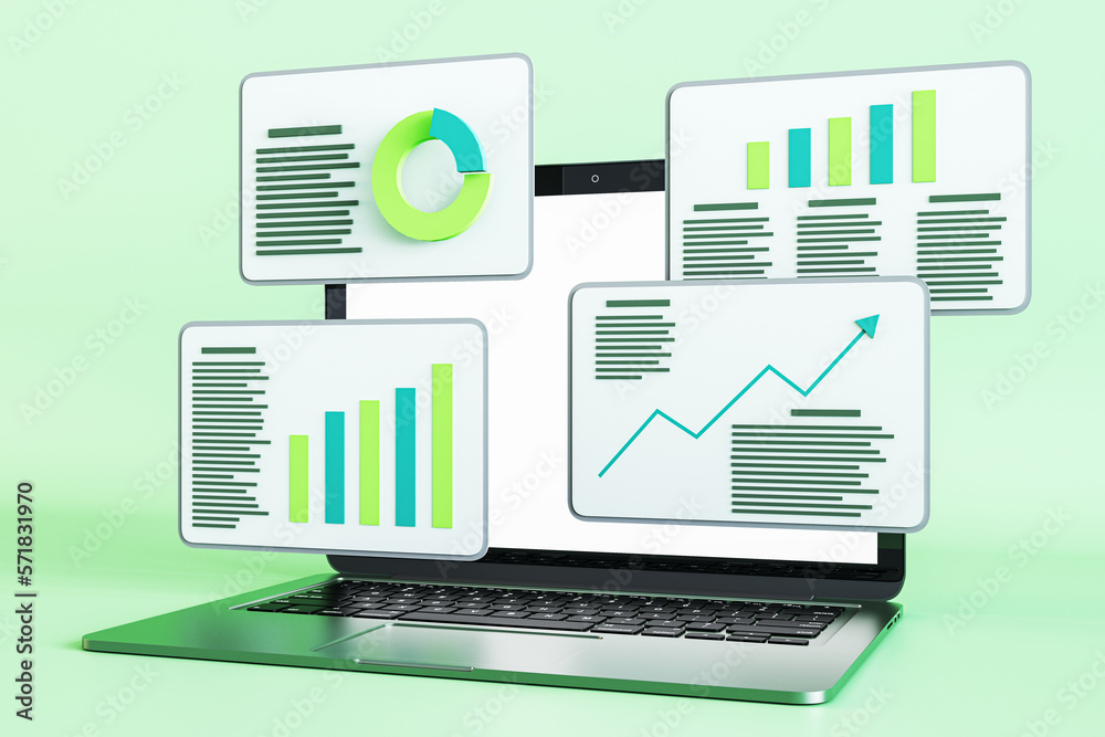 Poster Laptop computer on green background with various business charts. Analytics and trend concept. 3D Rendering.