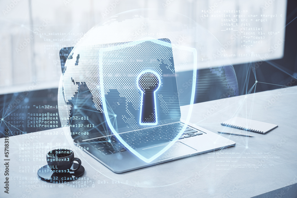 Poster Cyber security and global protection concept with blue guard shield and computer software programming earth planet globe on modern laptop on office table background
