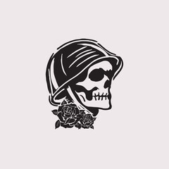 Skull Head Helmet Roses Logo Design Vector