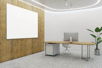 Modern office interior with empty white mock up banner on wall, furniture and computer. 3D Rendering.