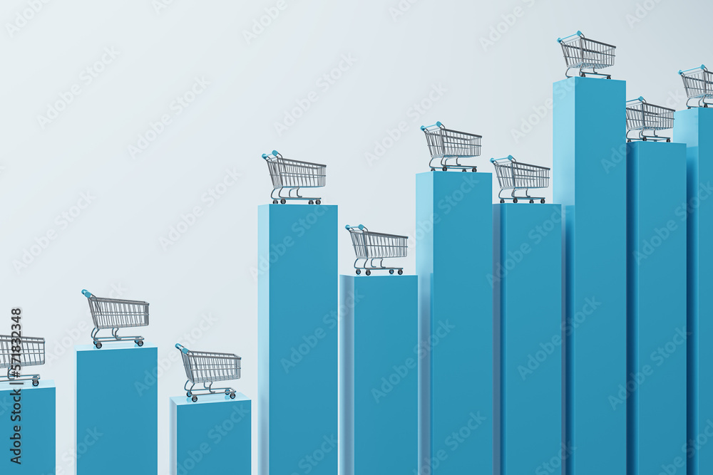 Poster Consumer price index and basket goods concept with front view on metallic shopping trolleys on tops of growing financial chart graph pillars on abstract light background. 3D rendering