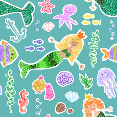 Seamless pattern. Kids drawings. Mermaids with fish, seahorse and jellyfish on a blue background.