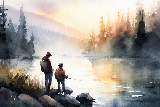 Father and son fishing together - watercolor painting concept