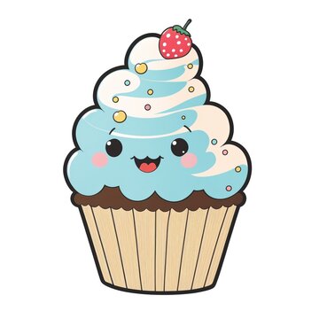 cupcake blanc et bleu, dessin kawaii, illustration sur fond blanc, trop mignon et gourmand, IA générative