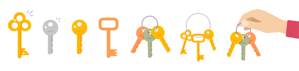 Keys door set isolated vector flat graphic, silver gold bronze latchkeys bunch on ring in hand holding illustration clipart vintage old retro collection image