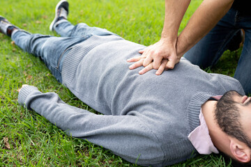 First Aid Emergency CPR rcp on Heart Attack Man , Resuscitation cardio