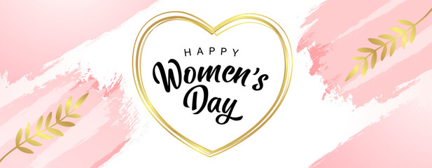 Happy Womens Day banner golden heart frame leaves and watercolor spots. Vector illustration for International Women's Day