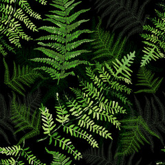 Fototapeta na wymiar Seamless floral pattern in vintage style on a dark background. Leaves and plants. Botanical illustration. Fern seamless background. Vector illustration