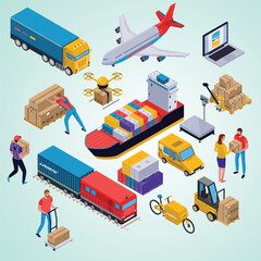 city transport isometric icons set transportation logistic shipment delivery  - obrazy, fototapety, plakaty