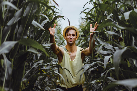 Portrait of a farm man in a hat in a green field throwing the corn.