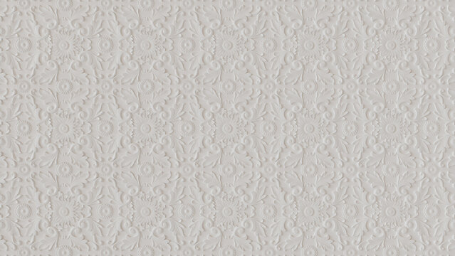 White 3D Baroque Pattern Background. Intricate Light Ornate Wallpaper.