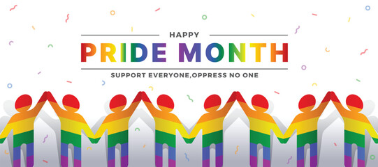 Happy Pride month - Paper cutout of rainbow pride human sign on ribbon firework texture background vector design
