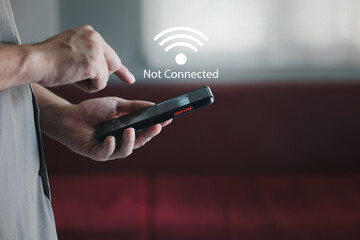 Man using a computer mobile to connect to wifi but wifi not connected, and waiting to loading digital business data form website.
