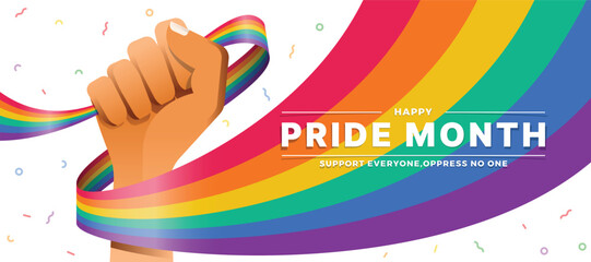 Happy Pride month - Raised Hand and holding long rainbow pride flag vector design