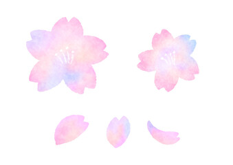 Japanese paper-style cherry blossom(sakura) petals pale pink cute hand-drawn watercolor illustration set / 和紙風の桜の花びら 淡いピンク かわいい手描きの水彩イラストセット