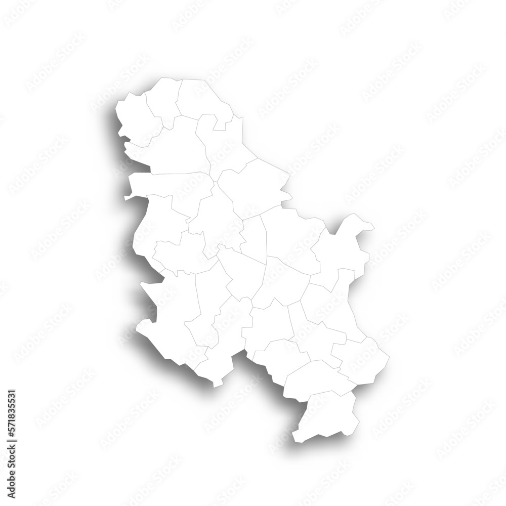 Wall mural Serbia political map of administrative divisions - okrugs and autonomous city of Belgrade. Flat white blank map with thin black outline and dropped shadow. - Wall murals