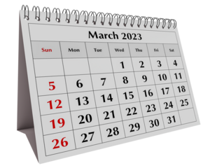 Page of the annual business desk monthly calendar. Date - month March 2023
