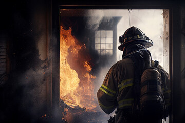 Naklejka premium Brave fireman in front of a burning house. AI generated