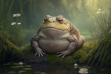 A toad with a swollen belly sits in a swamp. AI generated