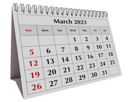 Page of the annual business desk monthly calendar. Date - month March 2023