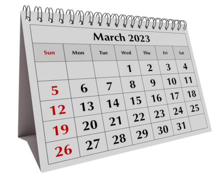Page of the annual business desk monthly calendar. Date - month March 2023 - Powered by Adobe