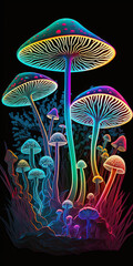 ai midjourney illustration of glowing colored mushrooms in a forest