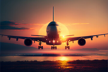 Fototapeta na wymiar Passenger airliner takes off at sunset. AI generated.
